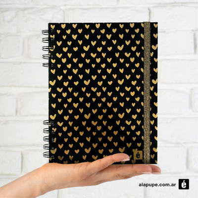 CUADERNO A5 ESPIRALADO 80 HOJAS LISAS CORAZONES DORADOS A LA PUPE