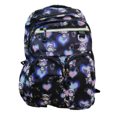 MOCHILA KUROMI CON BOLSILLOS NEGRA CON CORAZONES 18"