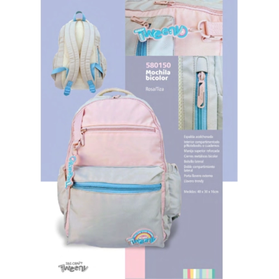 MOCHILA TWEENY POLYESTER 18" BICOLOR ROSA/TIZA