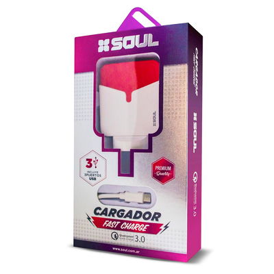 CARGADOR SOUL FAST CHARGE CON 3 PUERTOS USB LIGHTNING ROJO