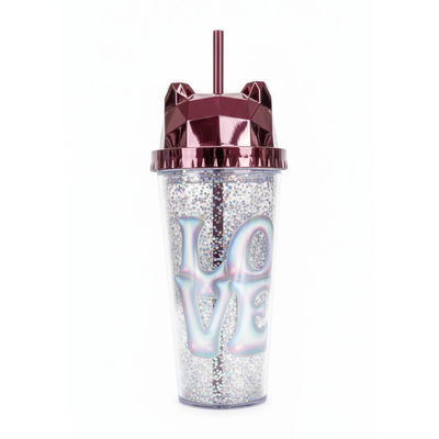 VASO INFANTIL SKORA LOVE CON GLITTER PLATEADO 400 ML