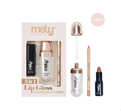 LIP COMBO MELY GOLDEN GIRL DELINEADOR GLOSS Y LABIAL 