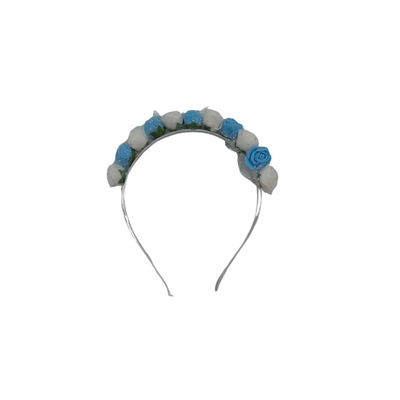 VINCHA ROSAS GOMA EVA CELESTE Y BLANCA