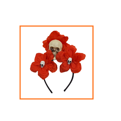 VINCHA ROJA CON CALAVERAS Y FLORES