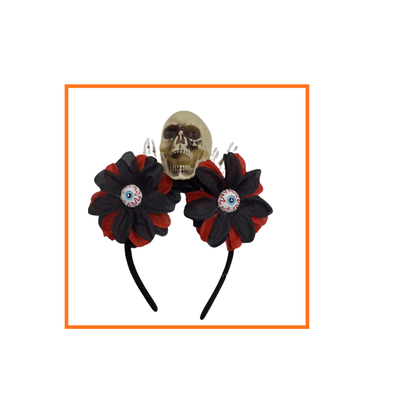 VINCHA CALAVERA Y FLORES CON OJOS