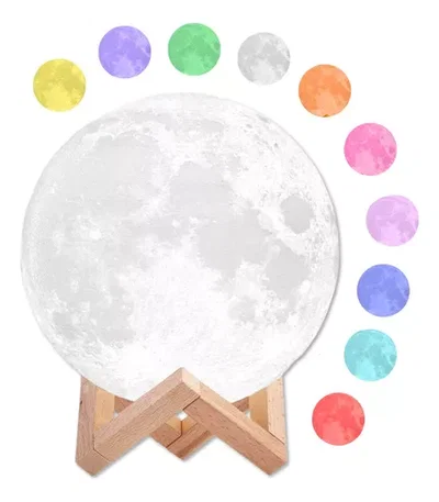 Lámpara Luna Luz Led Rgb Velador Táctil Usb Base Madera