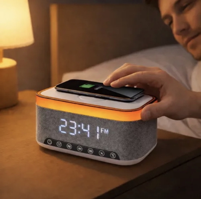Reloj despertador radio parlante Bluetooth carga magnetica