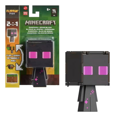 Minecraft Vanilla. Figura Flippin' Figs 2 En 1  Enderman + Bloque de Césped. Mattel Nuevo.