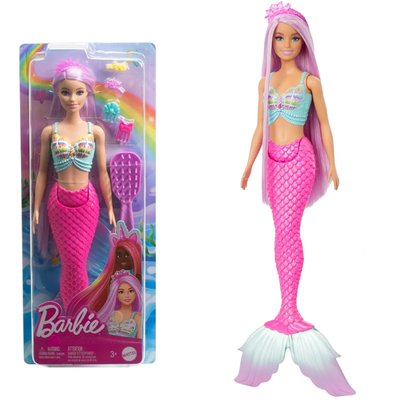 Barbie Muñeca Sirena fantasía con Pelo Largo Rosa y Accesorios para peinar.