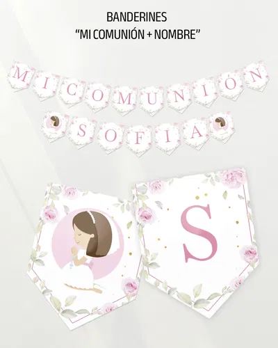 Banderines XL Guirnalda "Mi Comunión + Nombre"