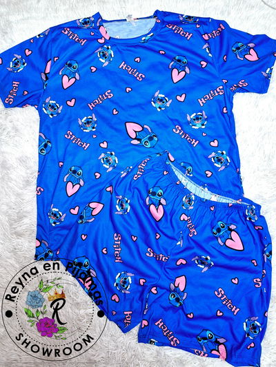 PIJAMA VERANO STITCH AZUL CORAZONES