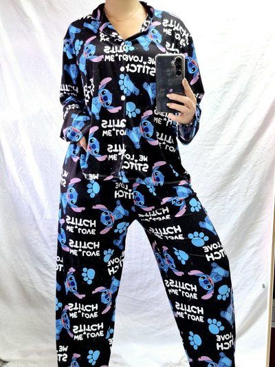 PIJAMA CAMISERO INVIERNO STITCH NEGRO