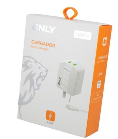 CARGADOR ONLY 4.4A 2 USB+ CABLE Lightning