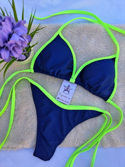 Bikini PARIS Azul borde verde flúo