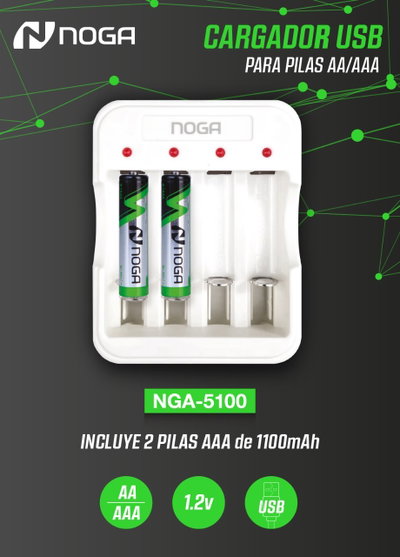 Cargador de pilas usb + 2 pilas triple A noga 