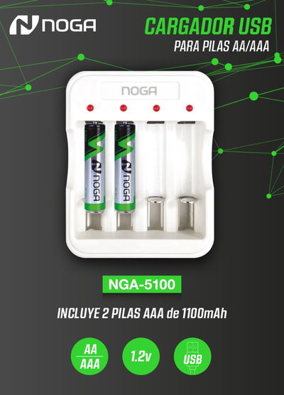 Cargador de pilas usb + 2 pilas triple A noga 