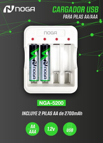 Cargador de pilas usb + 2 pilas doble A noga 