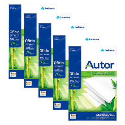 Resma Papel Autor Ledesma Oficio 75g Blanco Pack x100