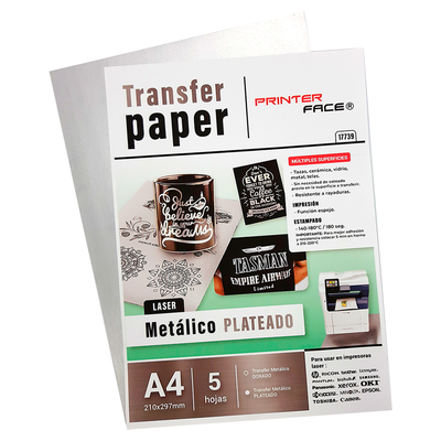 Papel Premium Laser Transfer Metalico Plateado A4 x 10 Hojas Multiples Superficies