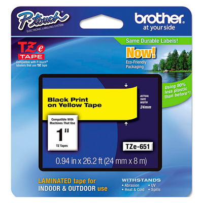 Cinta para Etiquetas Laminadas Brother TZE-651 Negro sobre Amarillo 24mm x 8mts