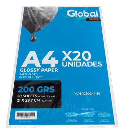Papel Fotográfico A4 Glossy Brillante Global 200gr X20 Resma Blanco
