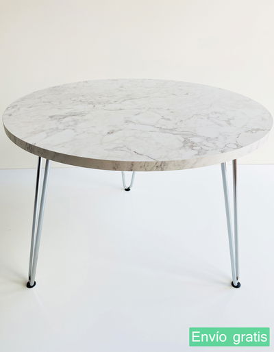 Mesa Ratona Auxiliar Arrime 60cm Ø Mdf Carrara Hairpin Cromadas