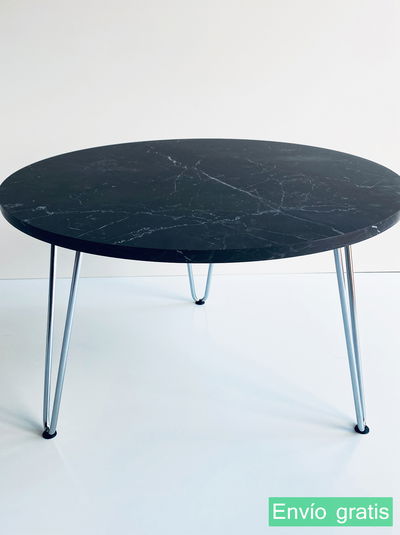 Mesa Ratona Arrime Redonda Mdf Marquina 60cm Ø Hairpin Cromada 