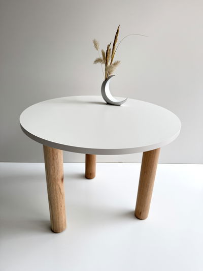 Mesa Ratona Redonda Melamina MDF Blanca 60cm Ø Patas Madera