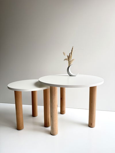 Set Mesas ratonas Arrime Nido Redondas X2 Mdf Blanco patas madera