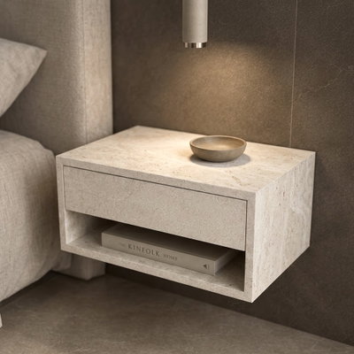 Mesa de luz flotante Travertino armada lista para instalar