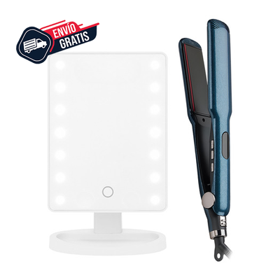 Combo Belleza 2 – Espejo de Maquillaje con Luz LED + Planchita de Pelo