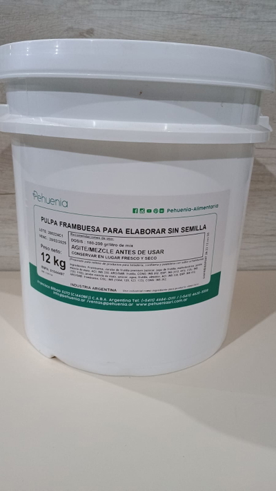 PULPA PASTA FRAMBUESA PARA ELABORAR SIN SEMILLA X 12KG PEHUENIA