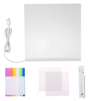 Pizarra acrílica CHICA 15X15cm transparente LED con fibrones en caja blanca (LED-83038)