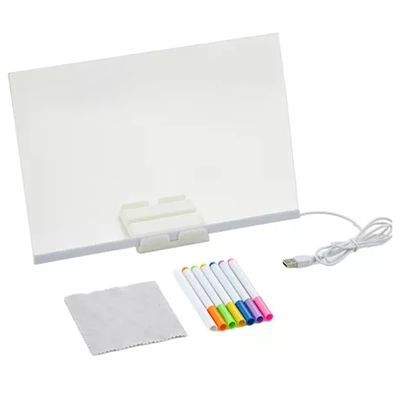 Pizarra acrílica GRANDE 20x30cm transparente LED con fibrones en caja blanca (LED-83039)