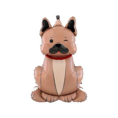 Globo perro bulldog marrón con bonete y collar rojo 90 x 60cm.