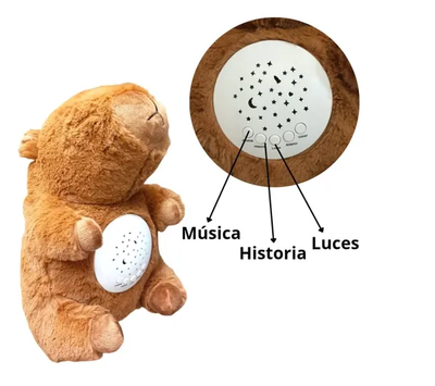 Peluche de capibara 30cm con sonido y proyector de lunas y estrellas