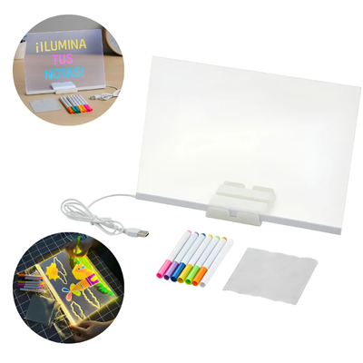 Pizarra acrílica GIGANTE 40x30cm transparente LED con fibrones en caja