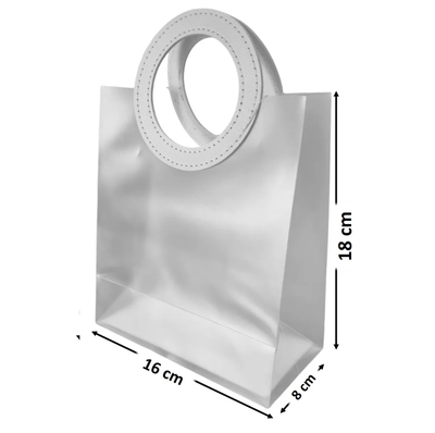 Bolsita CHICA transparente esmerilada con manija de cuerina 18x16x8 x1 unidad