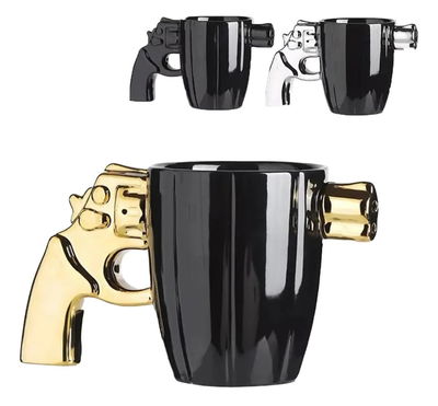 Taza 3D cerámica PISTOLA DORADA/PLATEADA en caja verde (5E035)