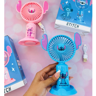 Ventilador portátil infantil STITCH/ANGEL recargable con mango y soporte en caja