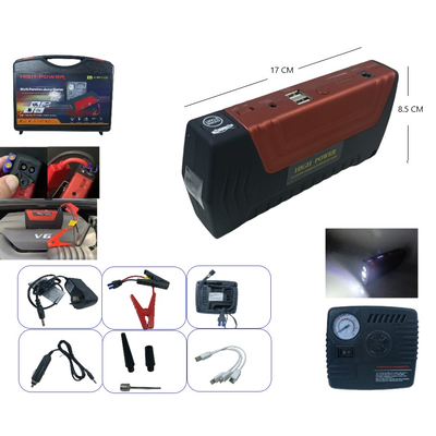 Kit batería arrancador de auto USB CON COMPRESOR en valija estuche rígido incluye pinzas