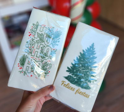Servilleta de papel blanca navideña PINO FELICES FIESTAS simil tela x12 unidades 33x40cm