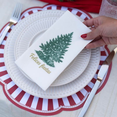 Servilleta de papel blanca navideña PINO FELICES FIESTAS simil tela x12 unidades 33x40cm