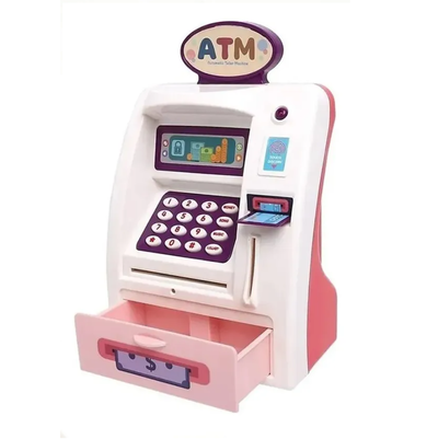 Alcancía cajero automático infantil ROSA con contraseña y tarjeta a pilas