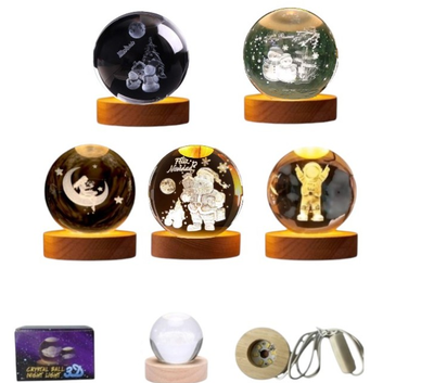 Bola cristal CHICO LED NAVIDAD con base de madera diseños surtidos