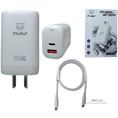 Cargador TIME 2.25A con entrada USB 20W y TIPO C 45W con cable TIPO C en caja (CC-59126)