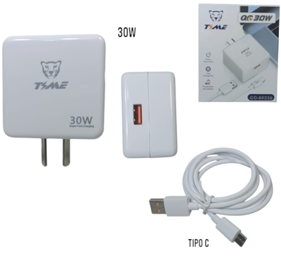 Cargador TIME con entrada USB 30w con cable desmontable USB a TIPO C en caja (CC-59236)