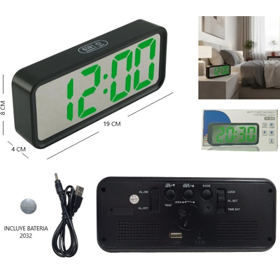 Reloj despertador digital espejo USB con temperatura (DT-6508)