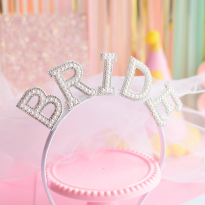 Vincha despedida con velo diamante "Bride" PLATEADO