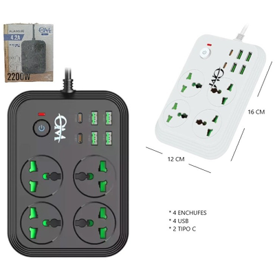 Zapatilla con 4 tomas 4 USB 2 TIPO C 4.2A con protección de sobrecarga en caja (T-23)